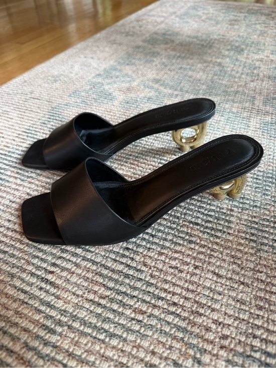 cult gaia Shoes - cult gaia Black Slide Sandals with Sculpted Gold Heel